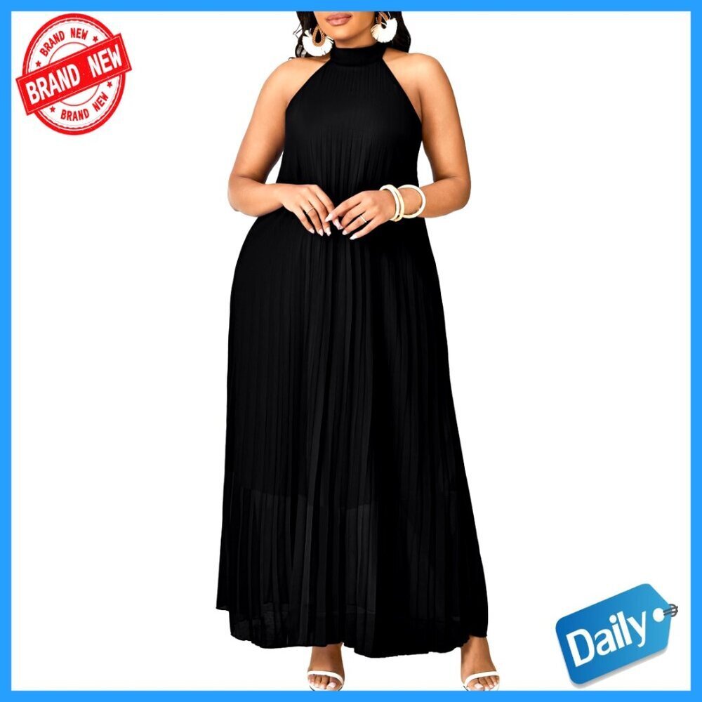 Sleeveless Chiffon Maxi Dress Halter Neck Pleated Flowy Casual Elegant